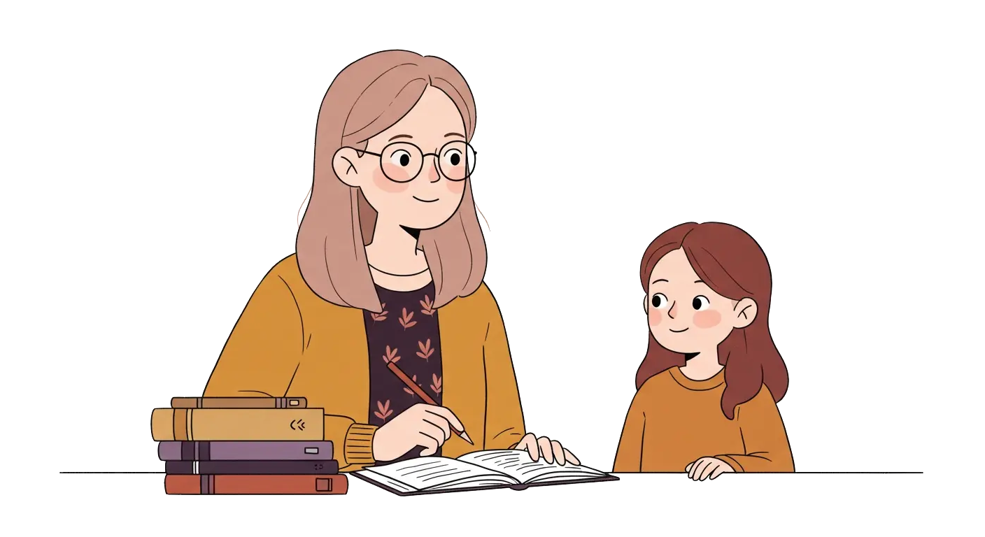 An educational psychologist reviewing an open workbook with a young student